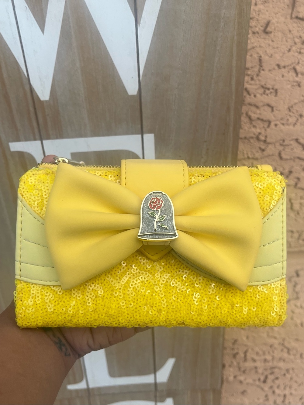 Loungefly Disney Beauty and the Beast Belle yellow sequin wallet with bow and ro
